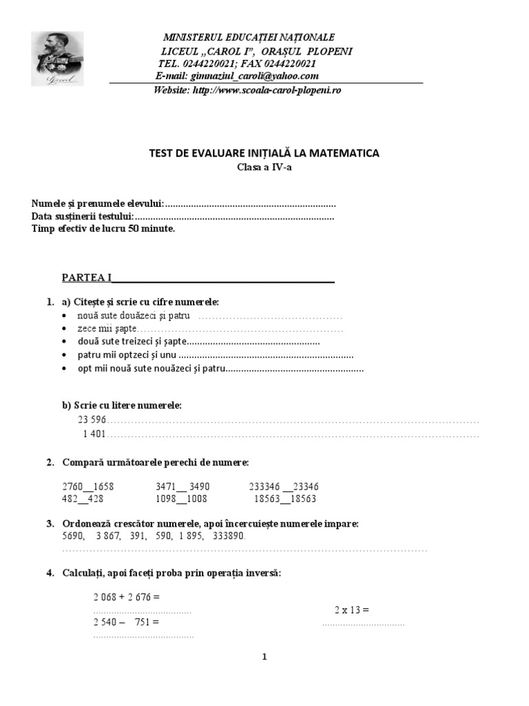 Test Evaluare Initiala Matematica | PDF