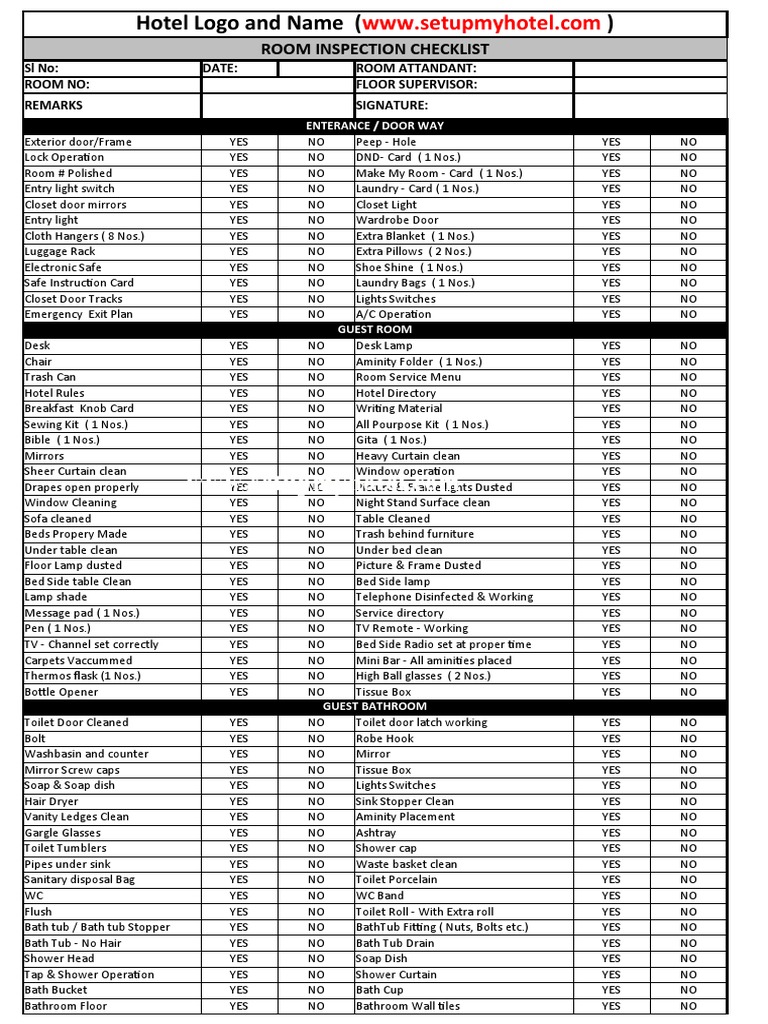 Room Inspection Checklist: SL No: Date: Room Attandant: Room No: Floor ...