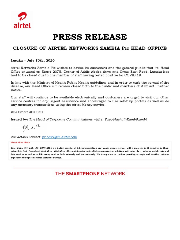 Press Release Closure of Airtel Head Office PDF PDF