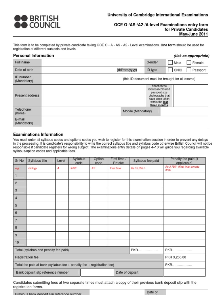 GCE O-/AS-/A2-/A-level Examinations Entry Form For Private Candidates ...