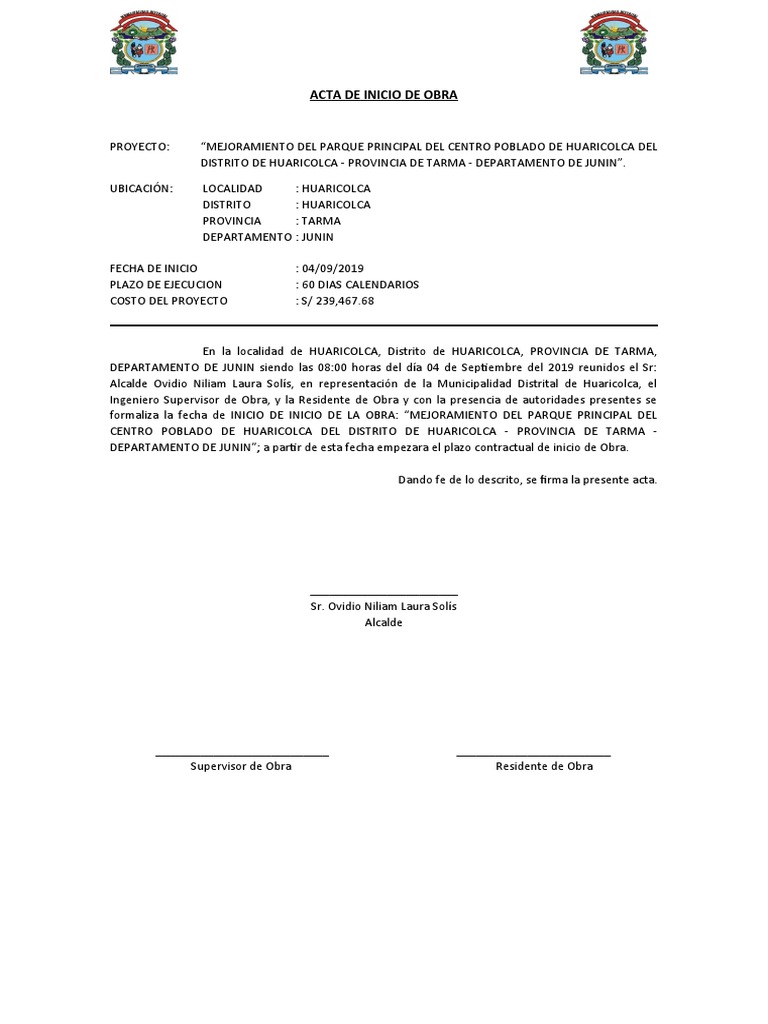 Acta de Inicio y Entrega de Obra Huaricolca | PDF | Gobierno