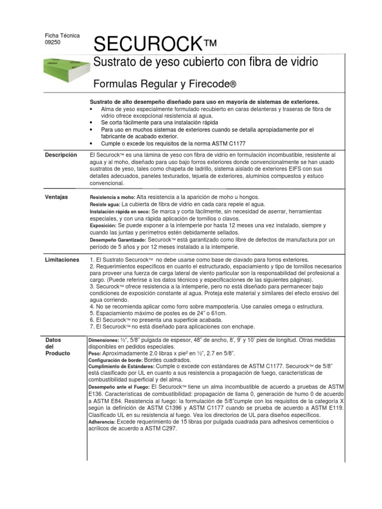Securock Gypsum Fiber Board Submittal Es Lac | PDF | Tornillo | Lentes