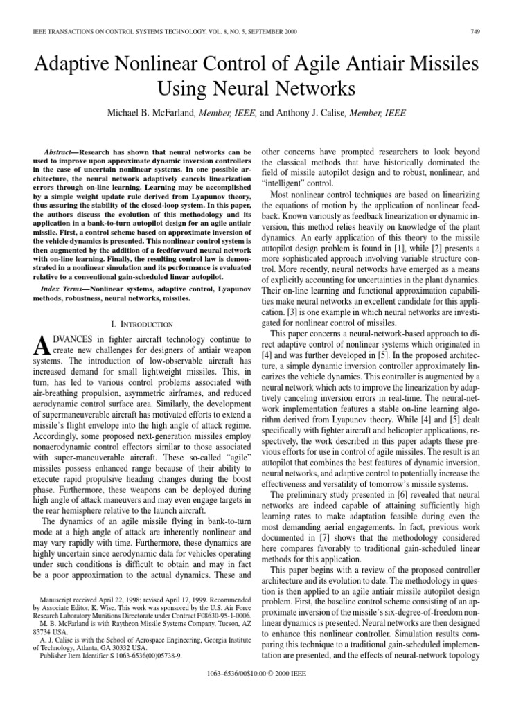 Adaptive Nonlinear Control of Agile Antiair Missiles Using Neural ...