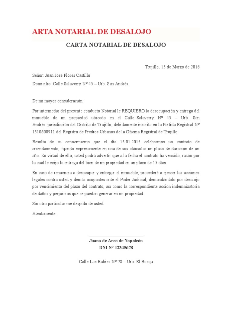 Modelo CARTA NOTARIAL DE DESALOJO  PDF