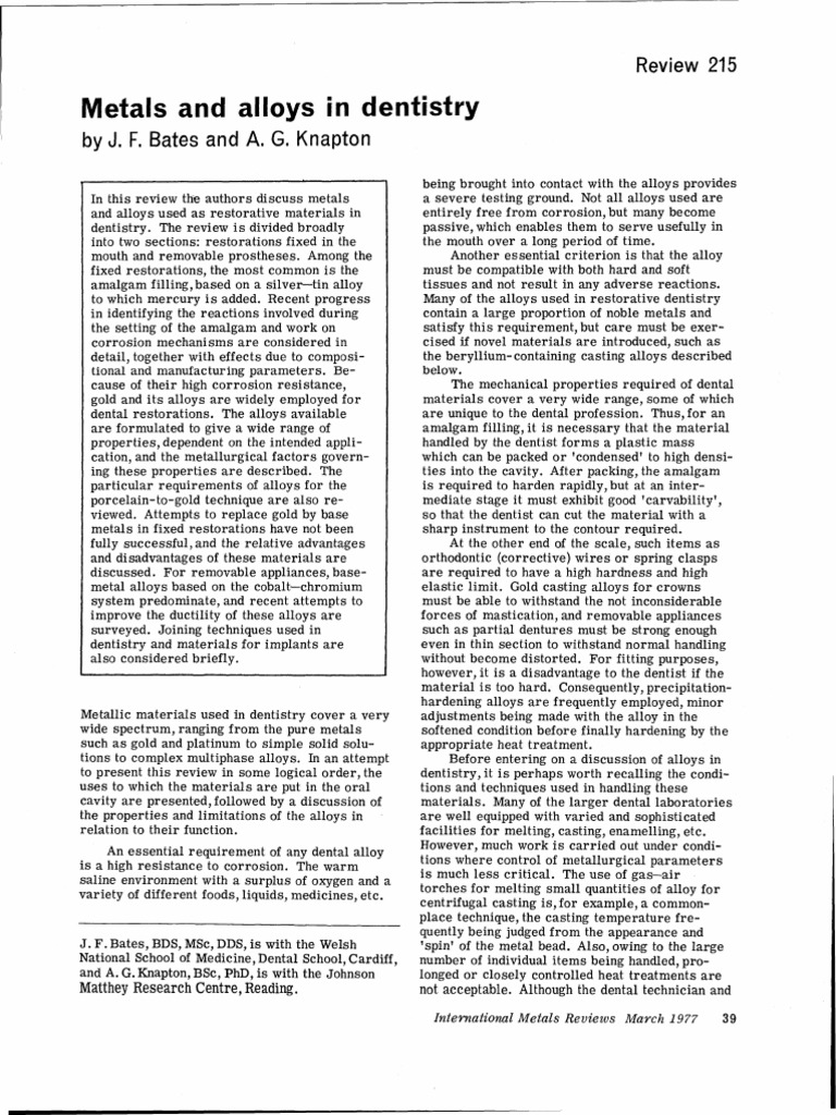 Metals and Alloys in Dentistry Review 215 PDF Corrosion Alloy
