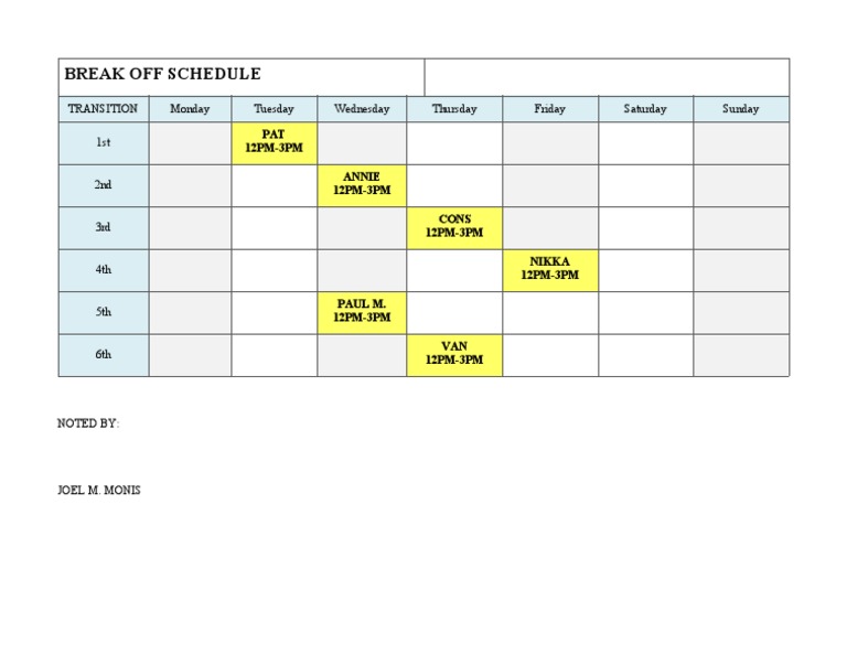 Weekly Break Off Schedule | PDF