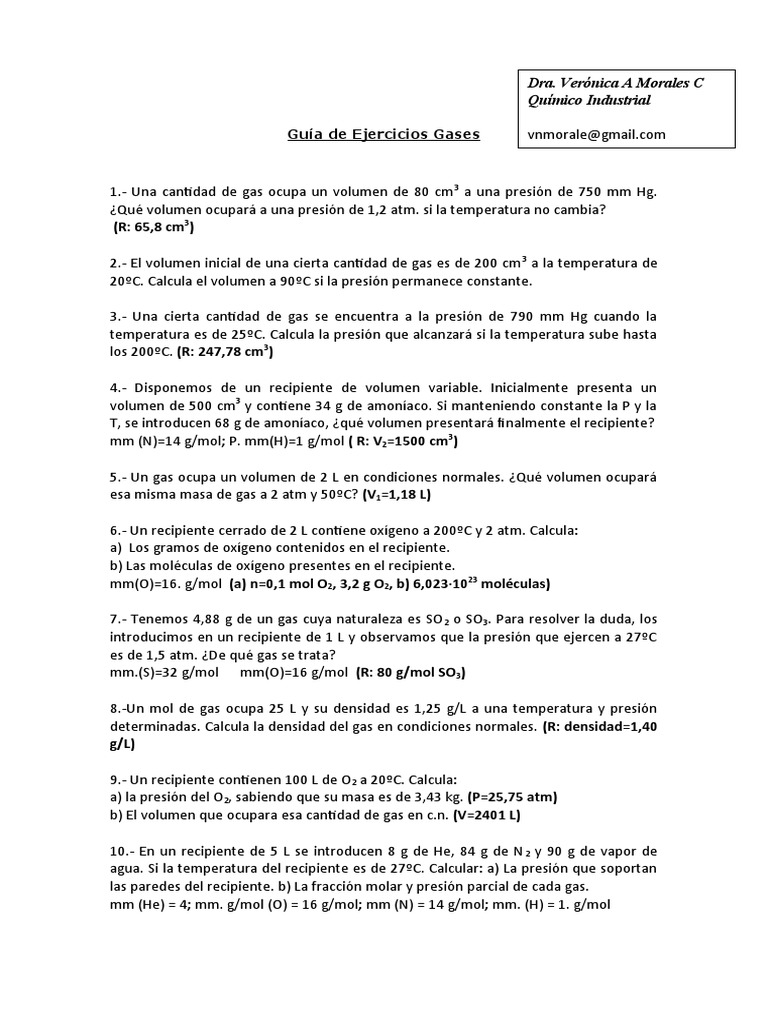 Guia de Ejercicios Gases | PDF | Gases | Mole (Unidad)