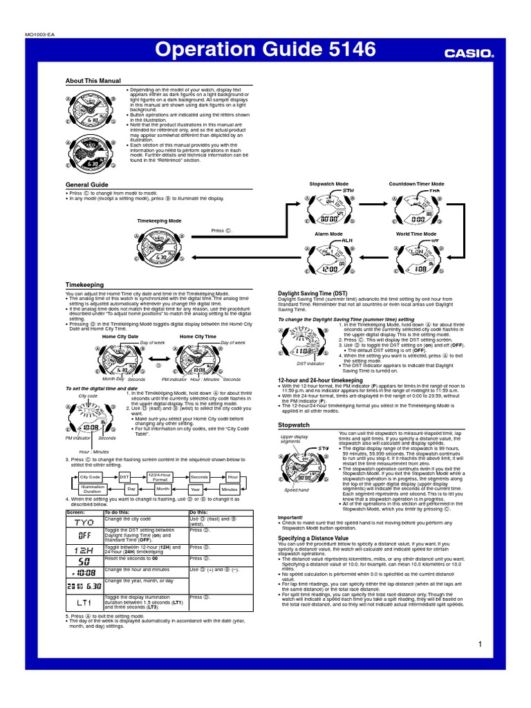 G-Shock 5146 Operation Guide | PDF | Timer | Daylight Saving Time