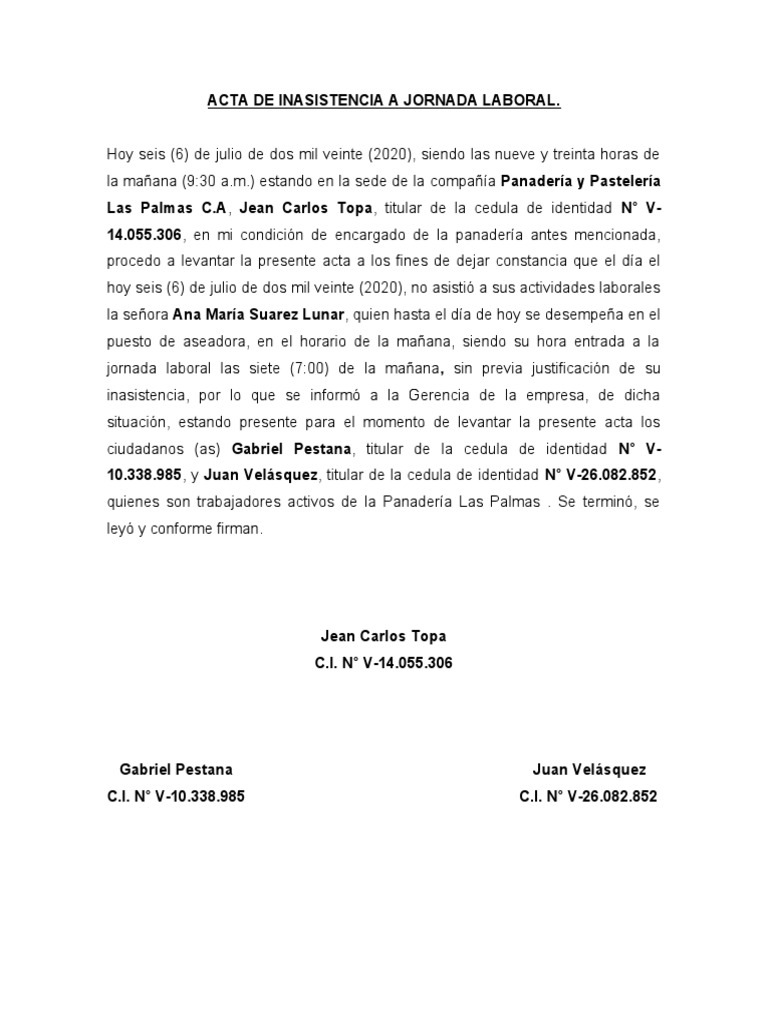 Acta de Inasistencia A Jornada Laboral | PDF | Tiempo de trabajo | Gobierno