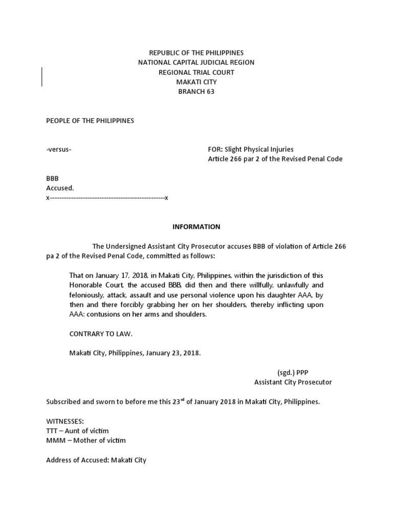 Sample Information For Slight Physical Injuries PDF Prosecutor