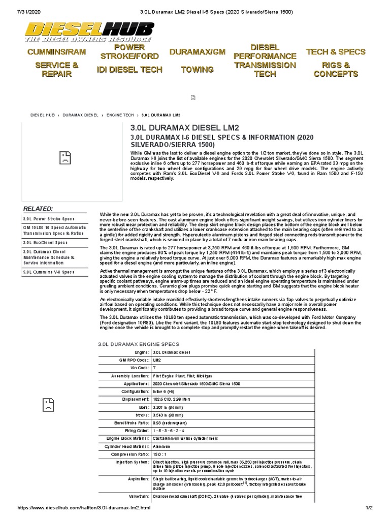 3.0L Duramax LM2 Diesel I6 Specs PDF Fuel Injection Chevrolet