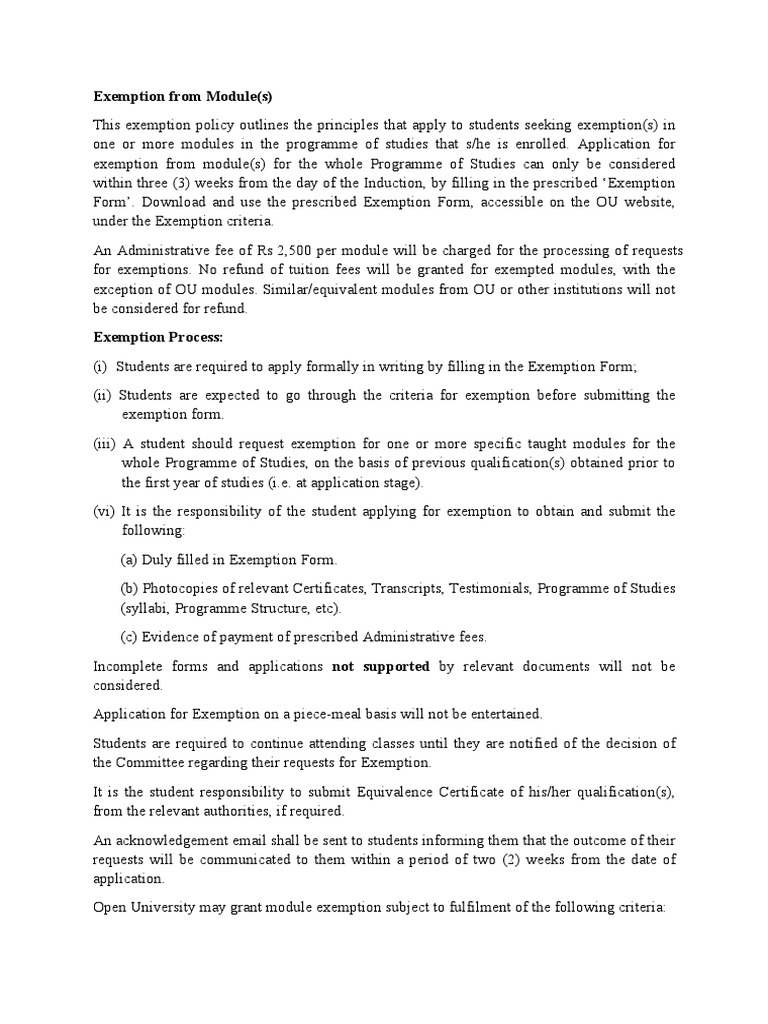 Criteria For Exemption Pdf Academic Degree Vocational Education