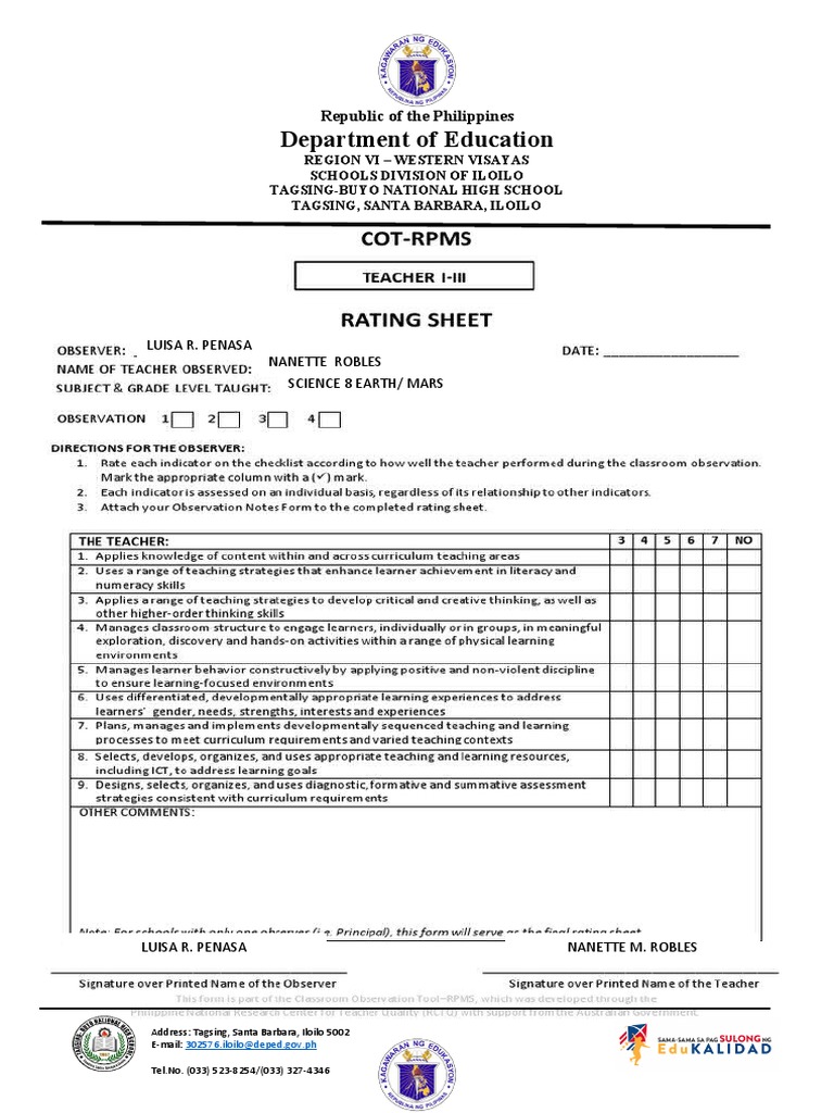 COT Ratings Form PDF