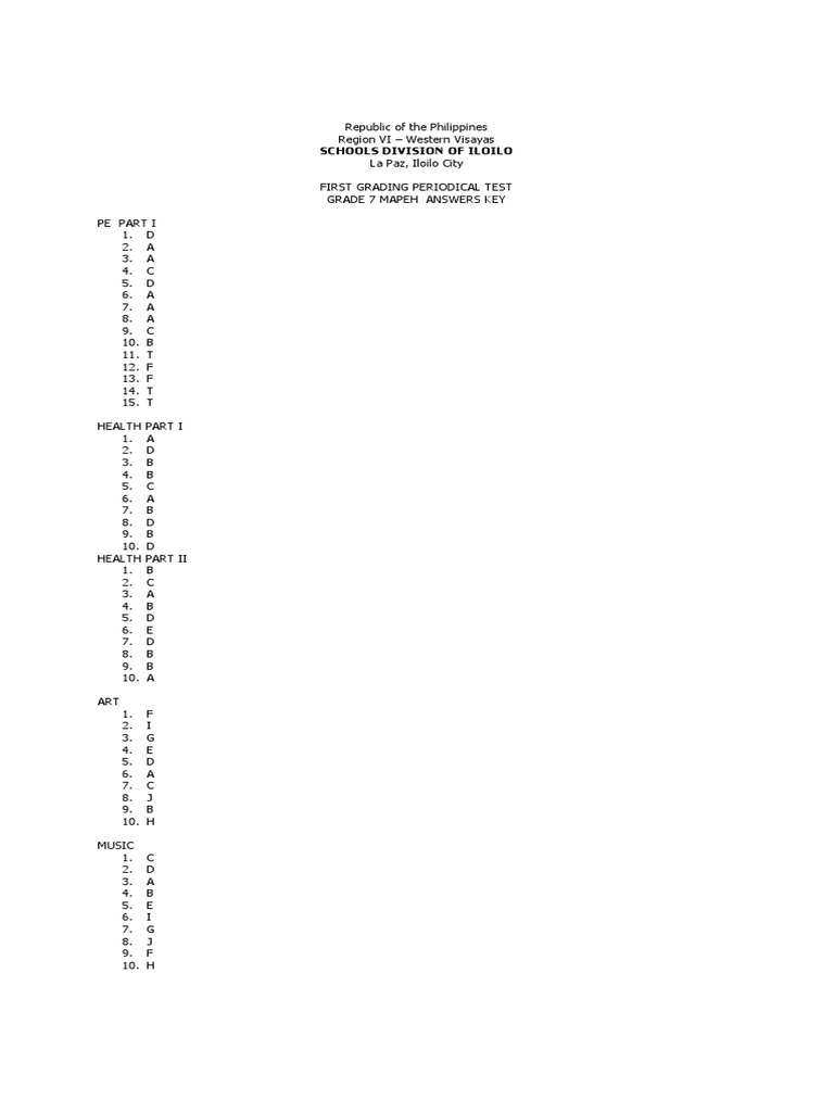 Grade 7 MAPEH 1st Grading Answers | PDF