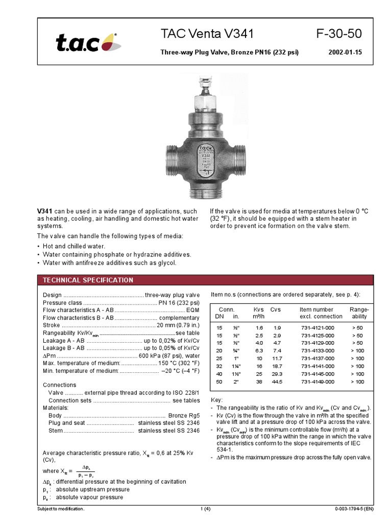 TAC Venta V341 F-30-50: Three-Way Plug Valve, Bronze PN16 (232 Psi ...