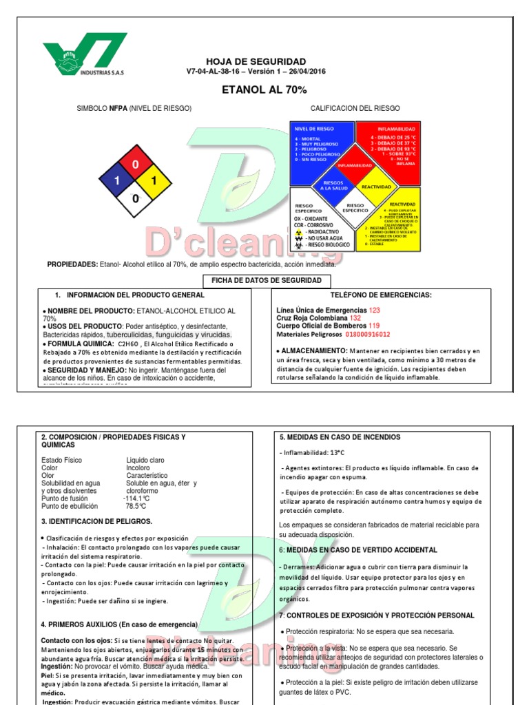 Hoja de Seguridad Etanol Al 70% - Alcohol Etilico PDF | PDF | Etanol ...