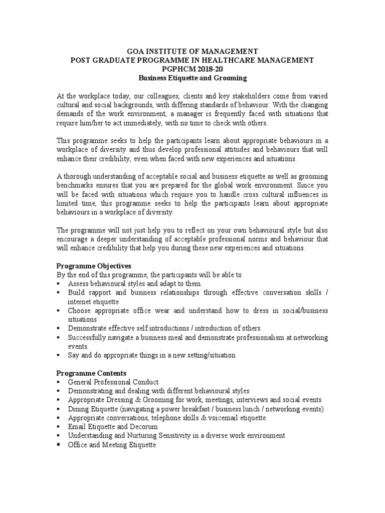 Business Etiquette & Grooming Course Outline 201820 PDF Etiquette