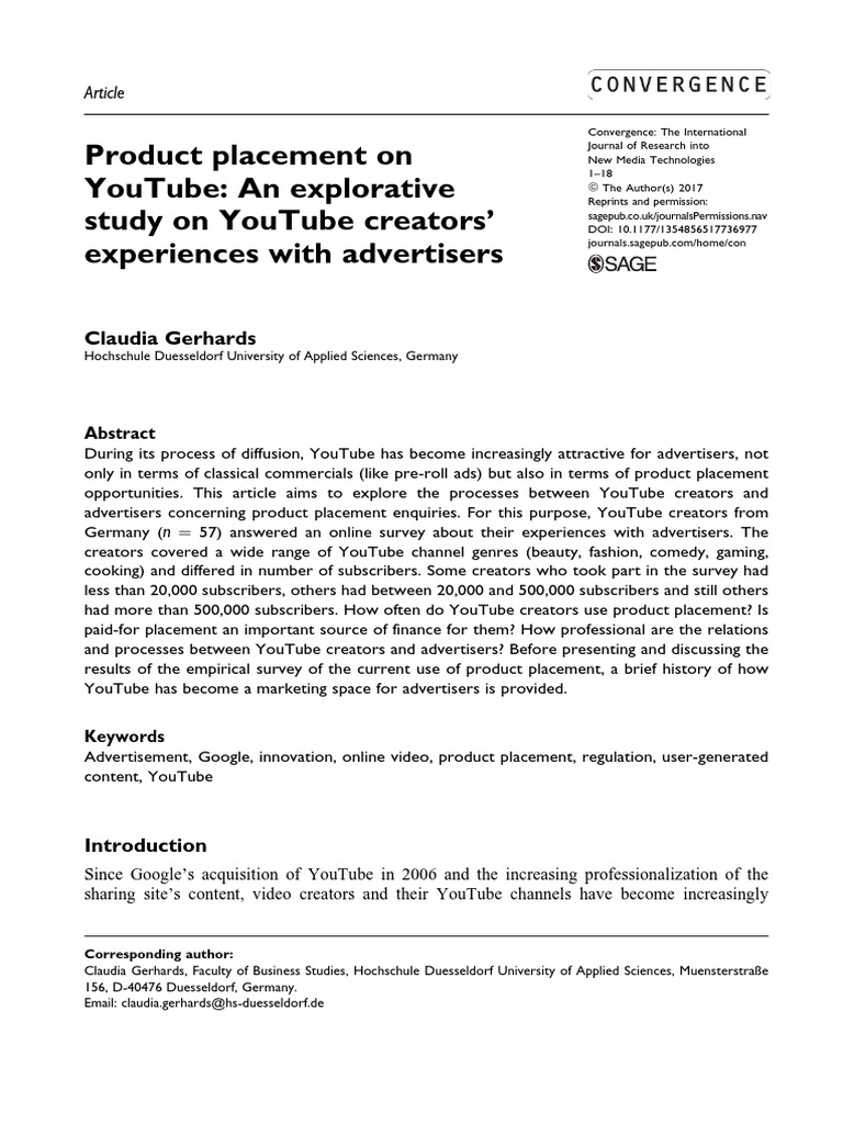 17 Product Placement On Youtube An Explorative Study On Youtube Creators Experiences With Advertisers Gerhards Pdf You Tube Federal Trade Commission