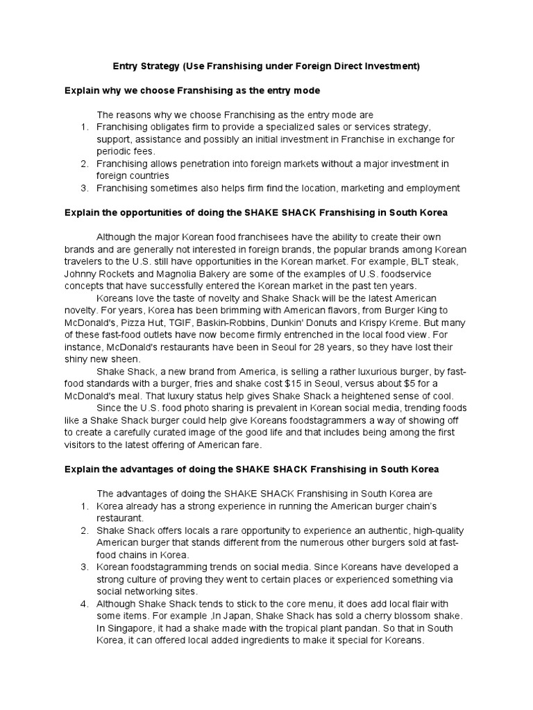 Entry Strategy (Use Franshising Under Foreign Direct Investment) | PDF ...