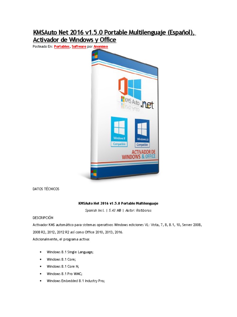 KMSAuto Net 2016  Portable Multilenguaje (Español), Activador de  Windows y Office | PDF | Programa de computadora | Programación