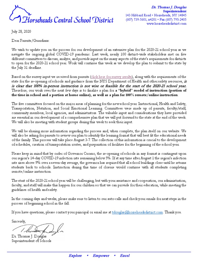 Horseheads CSD Letter To Parents 7-28-20 For Web | PDF | Learning ...