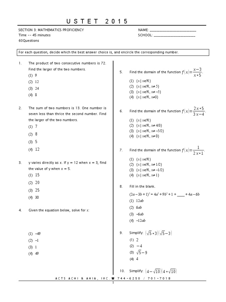 US TET 2015 Mathematics Proficiency Test | PDF | Function (Mathematics ...