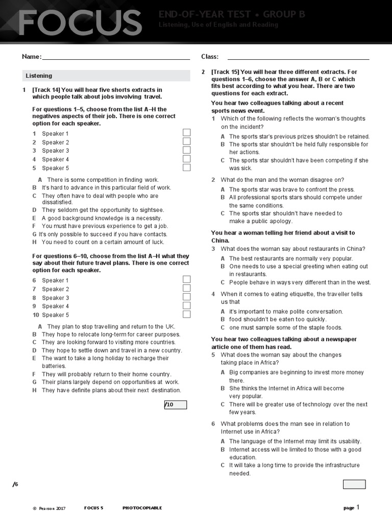 Listening, Use of English and Reading: Focus 5 Photocopiable | PDF ...