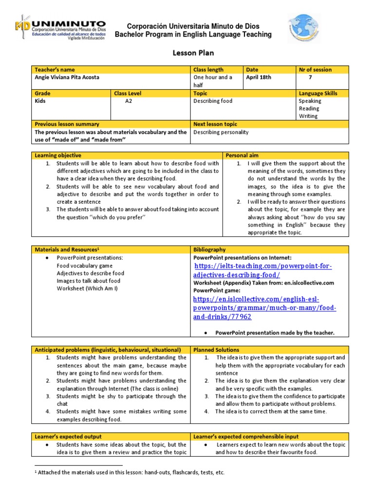 Describing Food: Lesson Plan for Kids | PDF | Vocabulary | Language ...