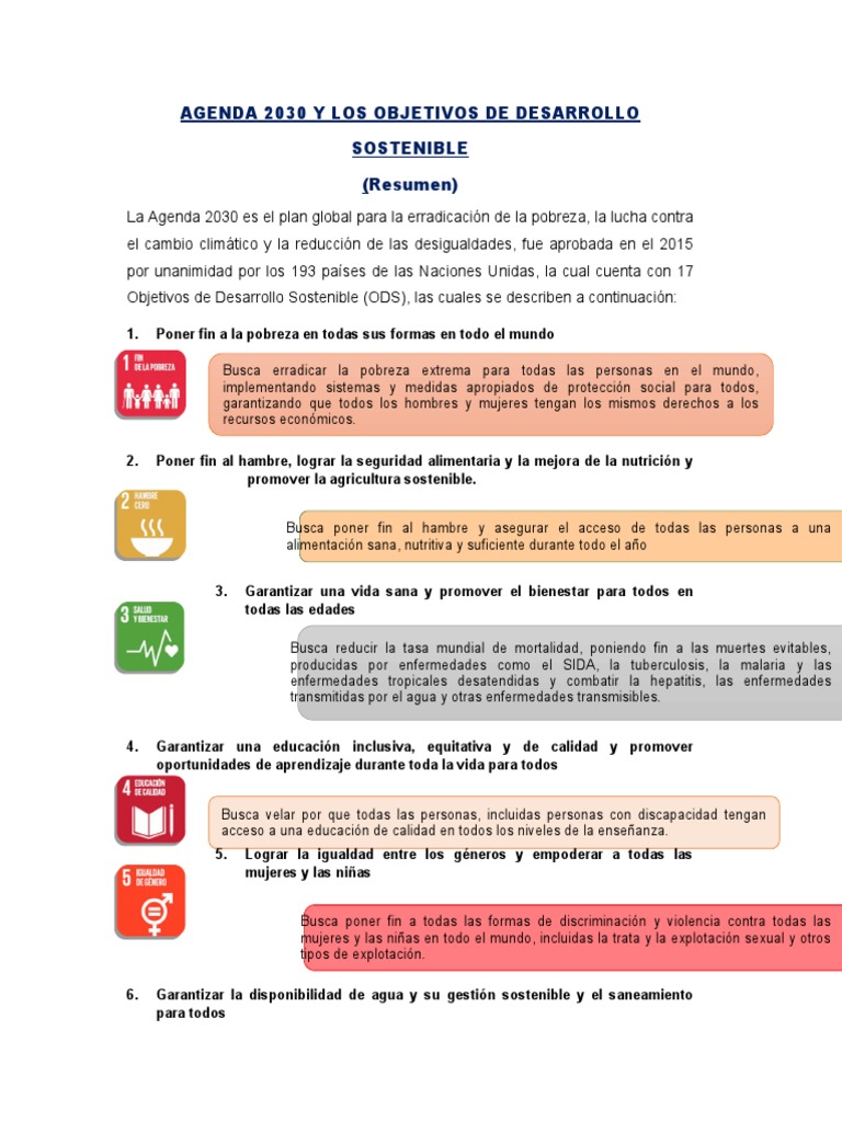 Resumen de la Agenda 2030 y ODS | PDF | Desarrollo sostenible ...