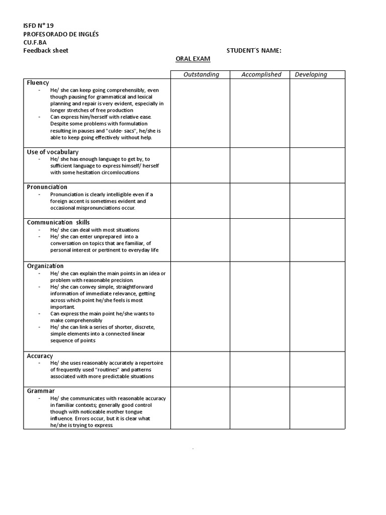 Oral Exam Feedback Sheet 1 Pdf