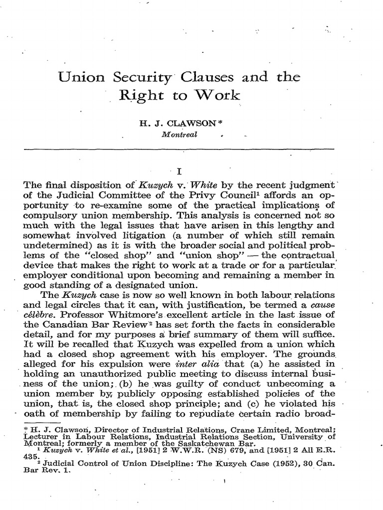 Union Security Clauses and The Right To Work PDF Trade Union