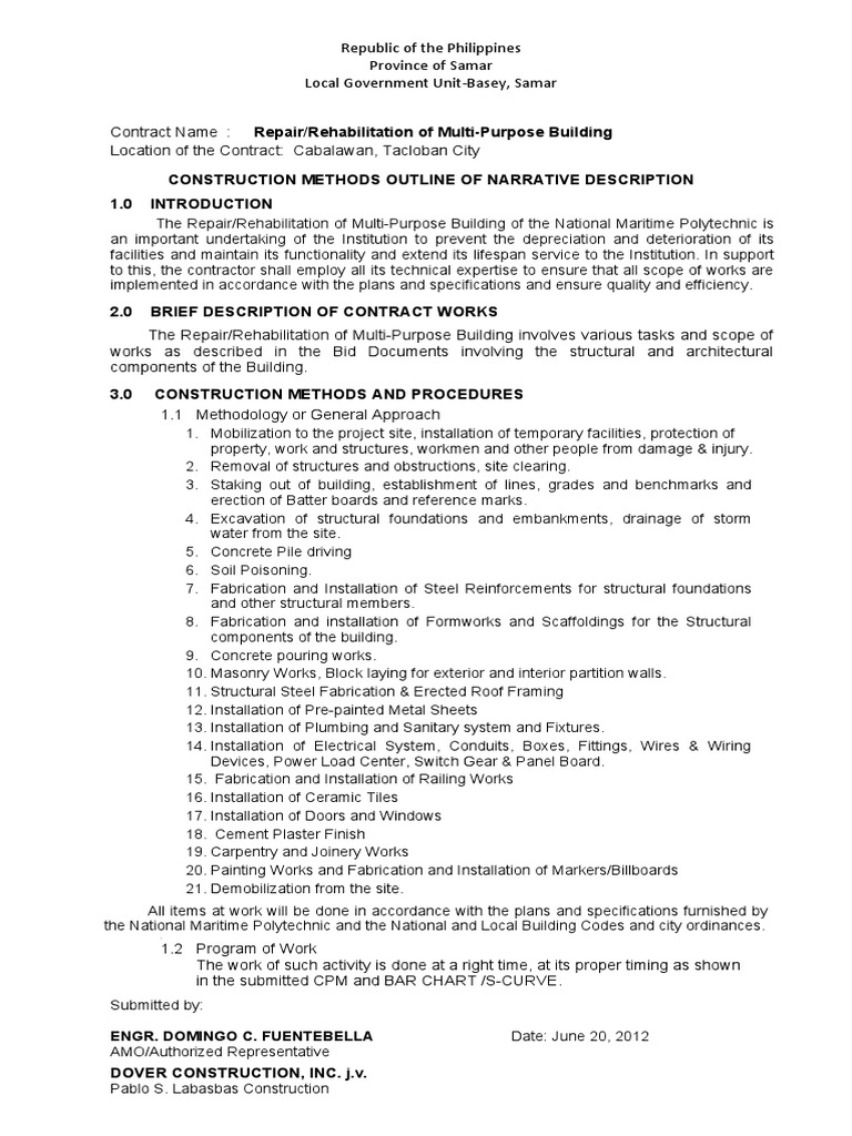 Construction Methods Outline of Narrative Description PDF Wall