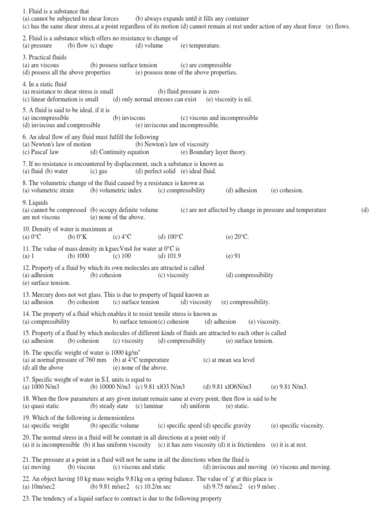 MCQ Fluid Mechanics PDF Buoyancy Viscosity
