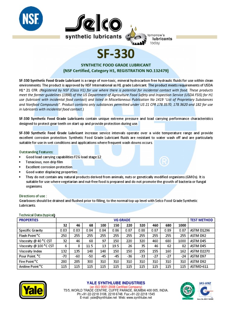 Synthetic Food Grade Lubricant (NSF Certified, Category H1