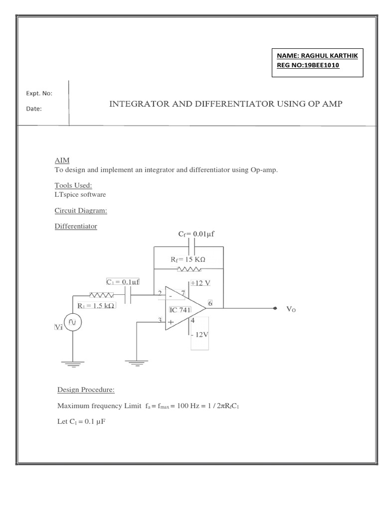AIM To Design and Implement An Integrator and Differentiator Using Op ...