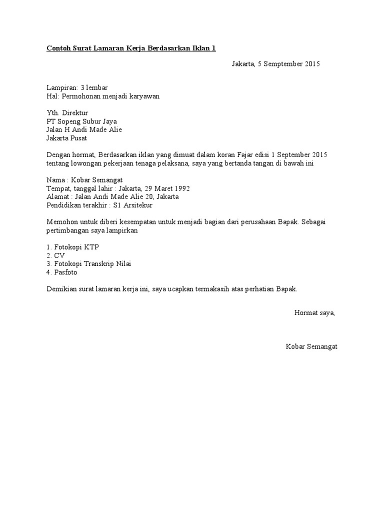 Contoh Surat Lamaran Kerja Berdasarkan Iklan 1 Pdf