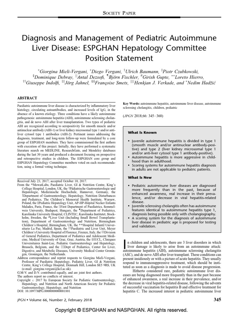 Diagnosis and Management of Pediatric Autoimmune Liver Disease ESPGHAN