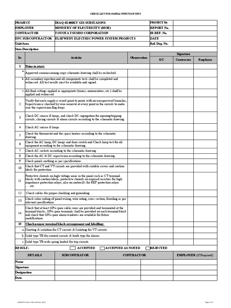 Check List For Panels Function Test: Project No | PDF | Electrical ...