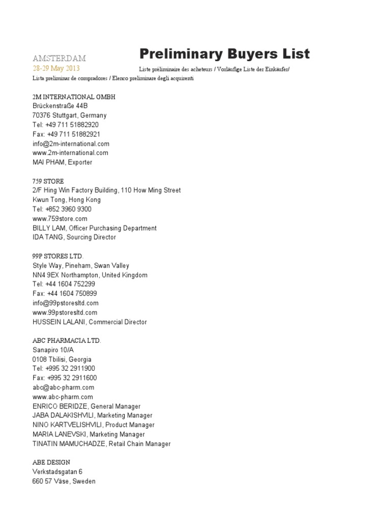 PLMA Preliminary Buyers List 2013 | PDF | Retailing | Retail Companies