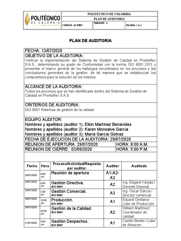Ejemplo de Plan de Auditoría ISO 9001 | PDF | Auditoría | Gestión de ...
