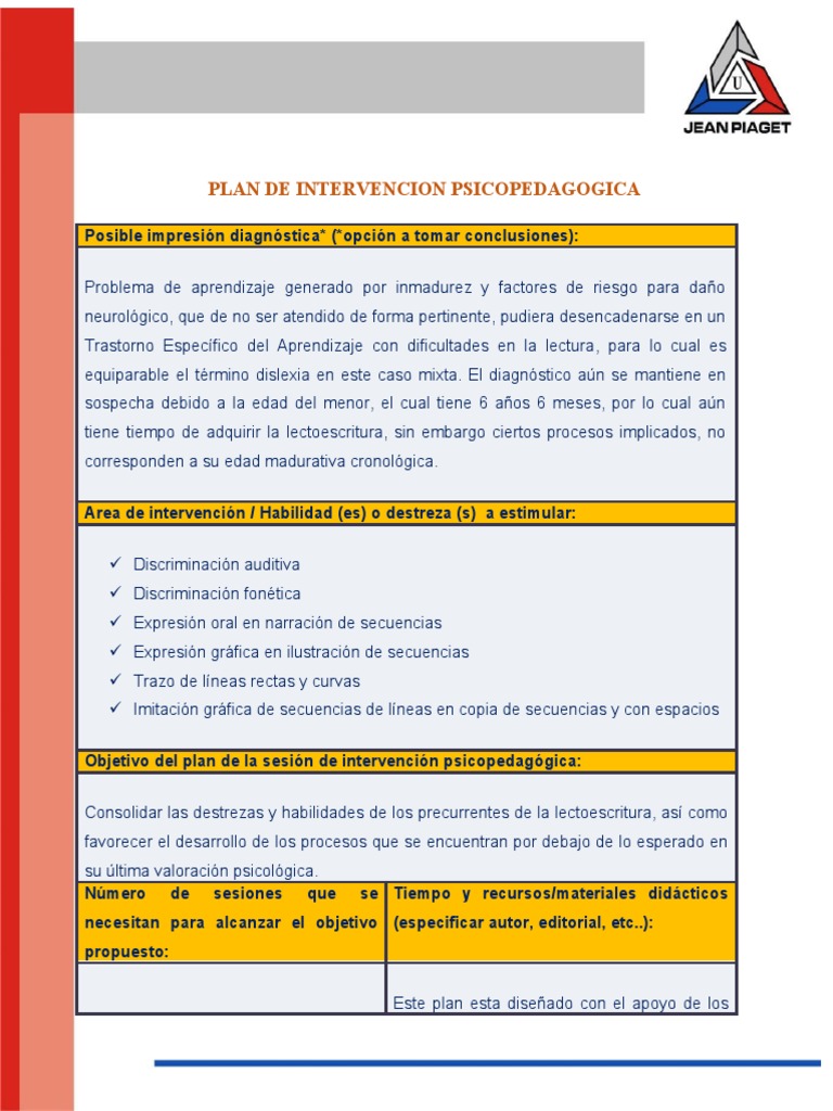 Plan de Intervencion Psicopedagogica | PDF | Aprendizaje | Evaluación