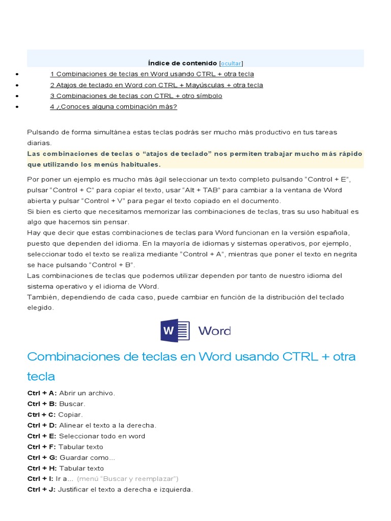Combinacion De Teclas Word Atajo De Teclado Microsoft Word