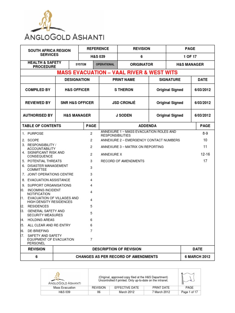 HS 039 Mass Evacuation | PDF | Occupational Safety And Health | Hazards