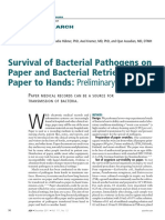 Survival of Bacterial Pathogens On Paper and Bacterial Retrieval From Paper To Hands: Preliminary Results