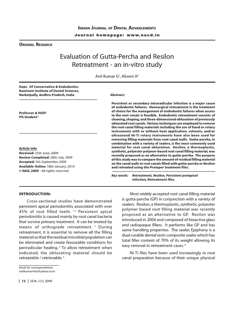 Evaluation of Gutta-Percha and Resilon Retreatment - An In-Vitro Study ...