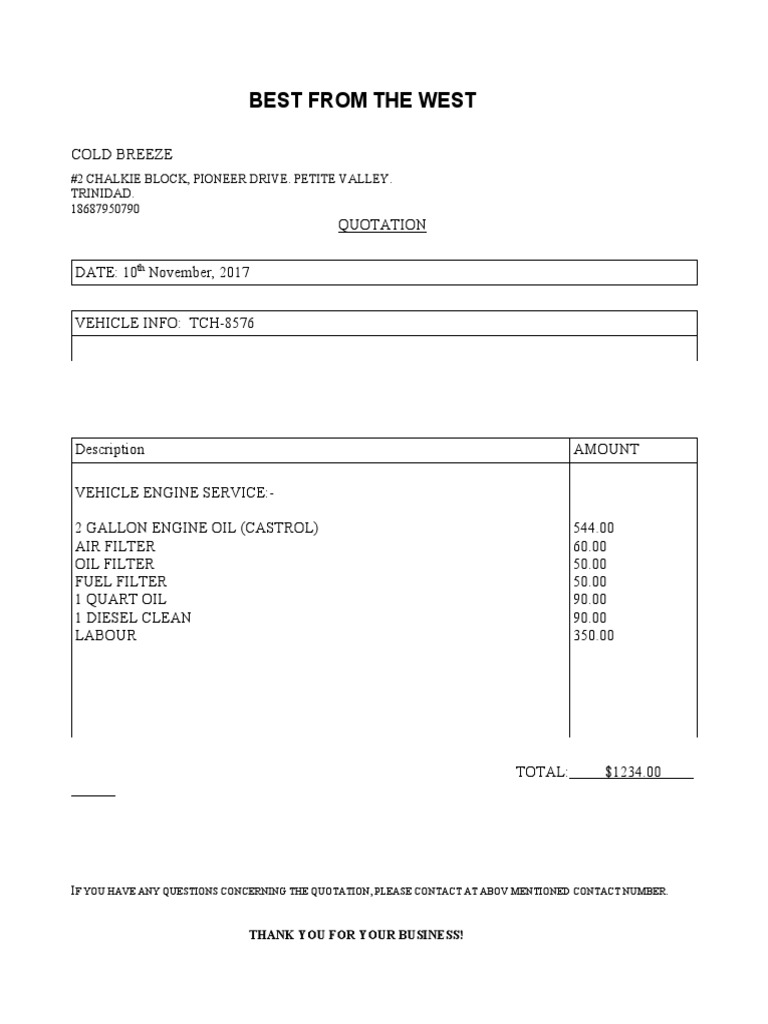 Vehicle Service Quotation - $1234 Total | PDF