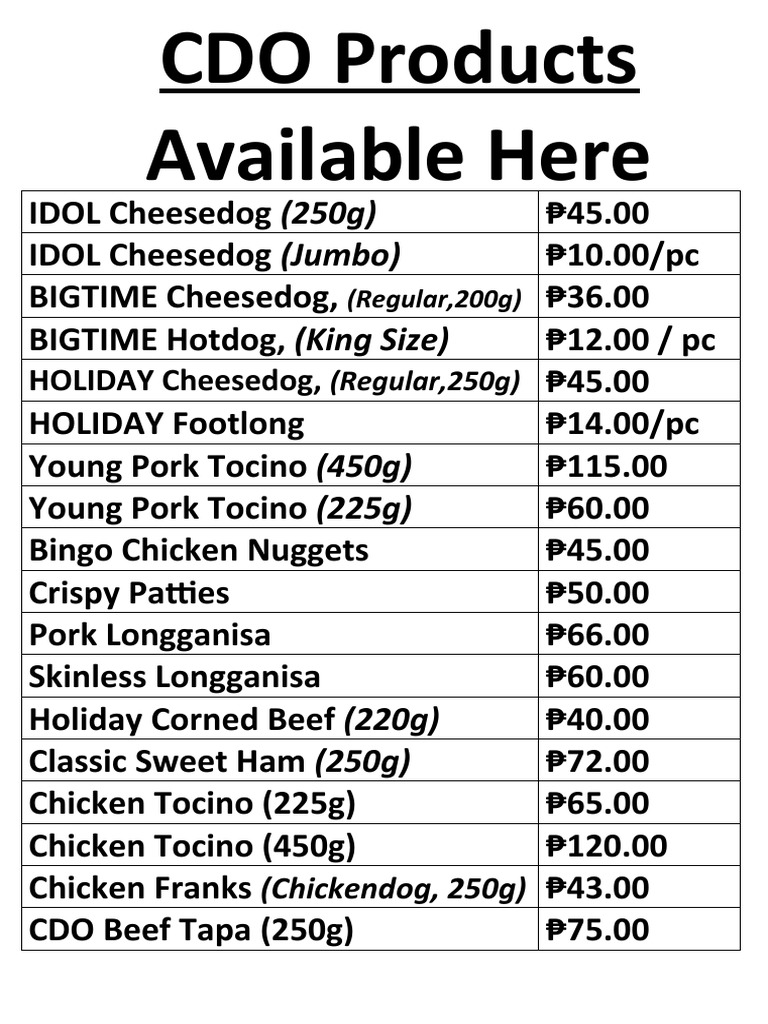 CDO Products Price List 2025 | PDF | Cooking, Food & Wine