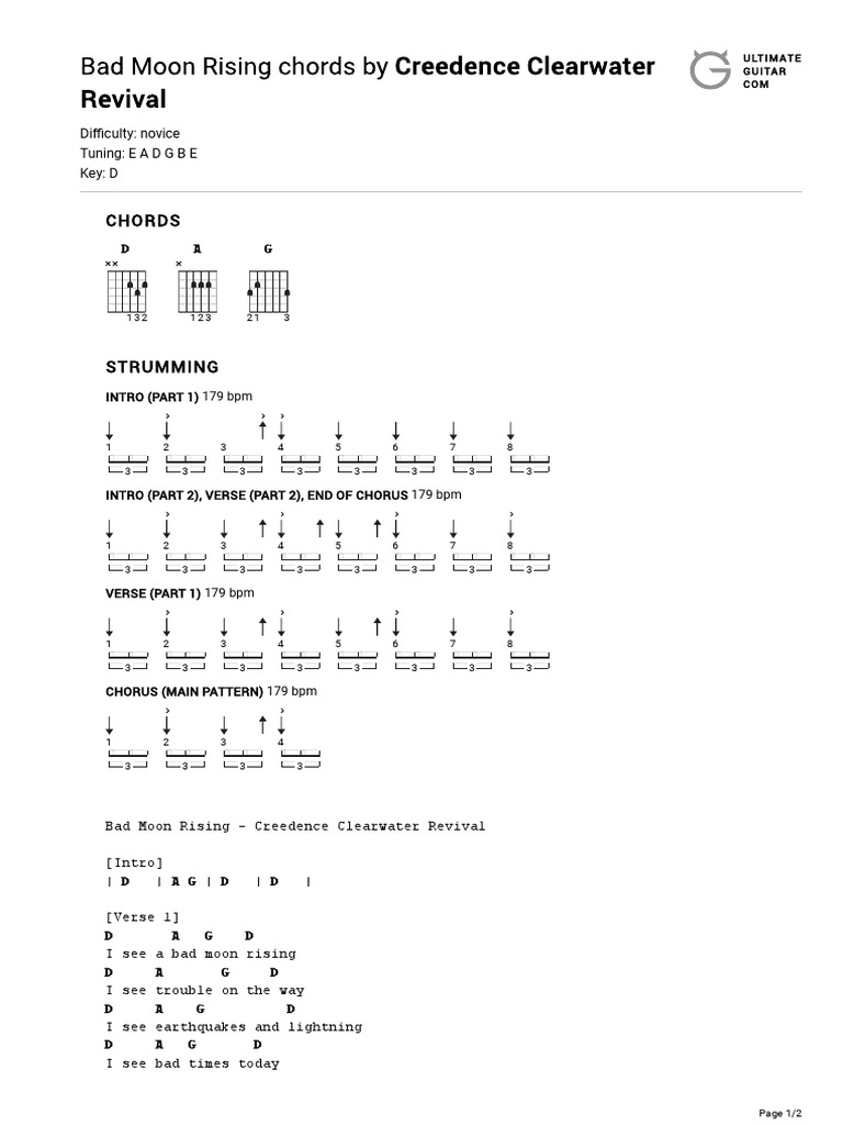 Guitar Chords Bad Moon Rising Creedence Clearwater Revival Music Book: