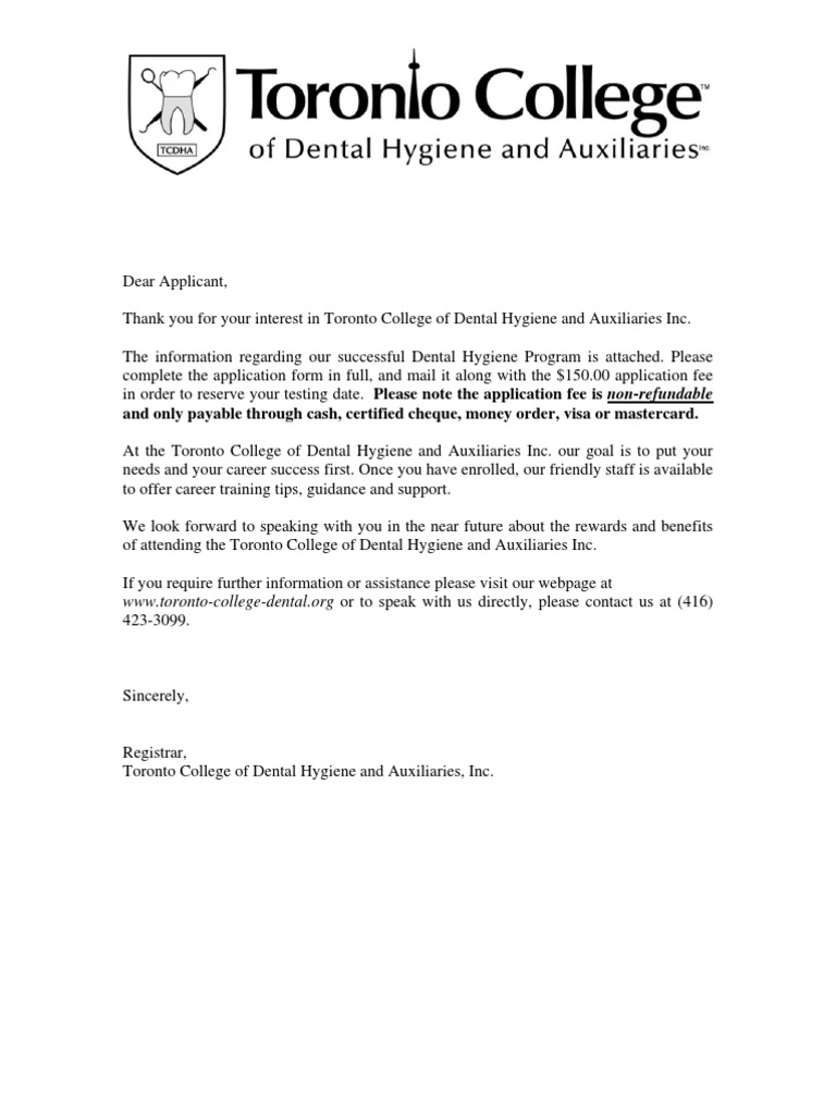 Application Package Toronto College of Dental Hygiene PDF Dental