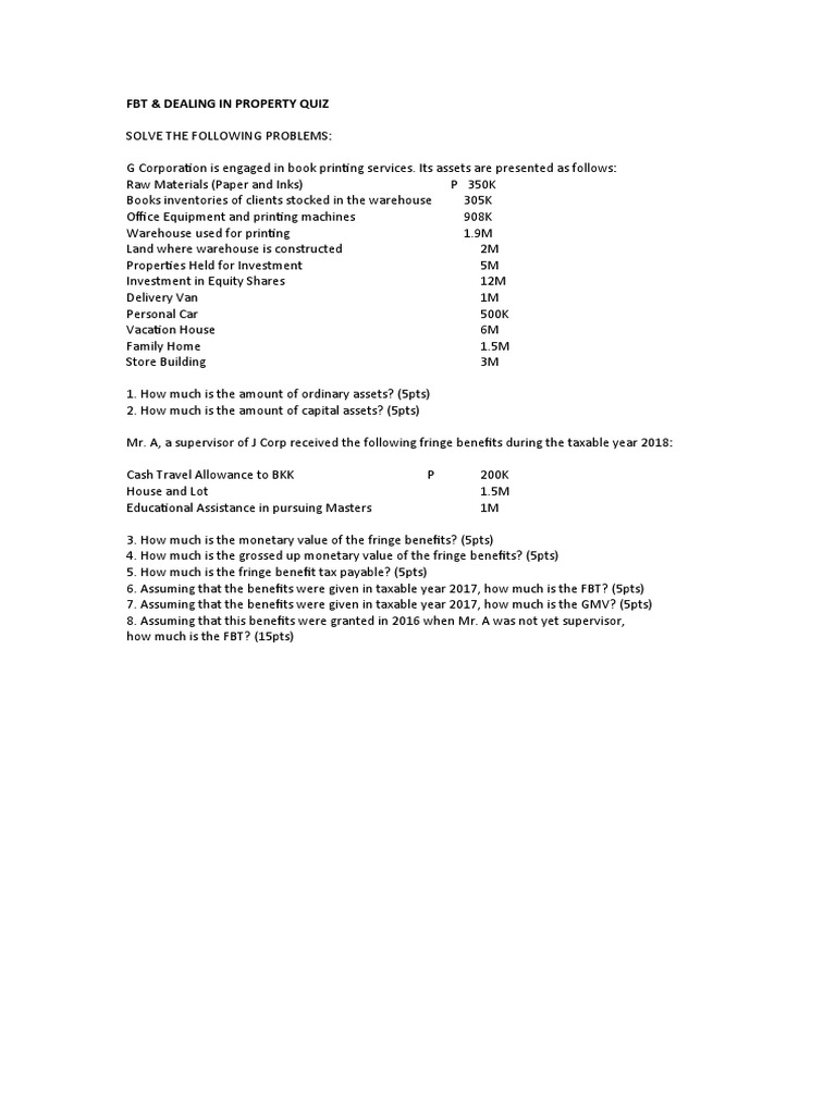 FBT and Property Quiz Solutions | PDF | Business | Finance & Money ...